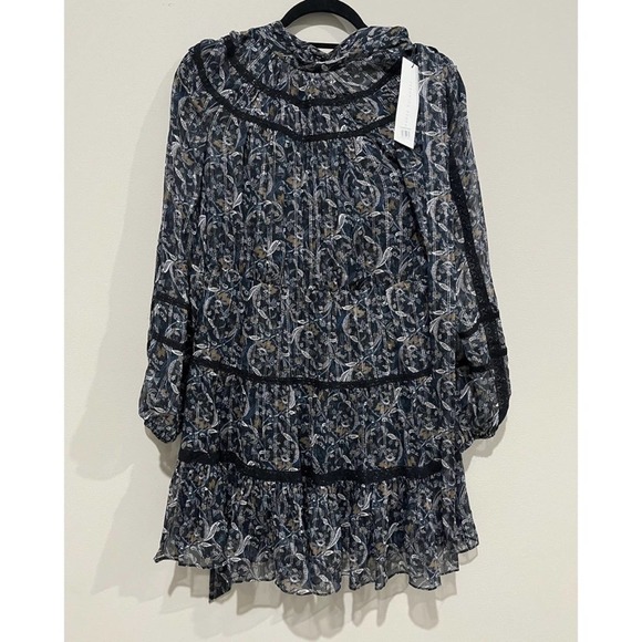 NWT VERONICA BEARD RAHLA FLORAL LACE TRIM LONG SLEEVE SILK DRESS 4 BLACK MULTI - Picture 6 of 8